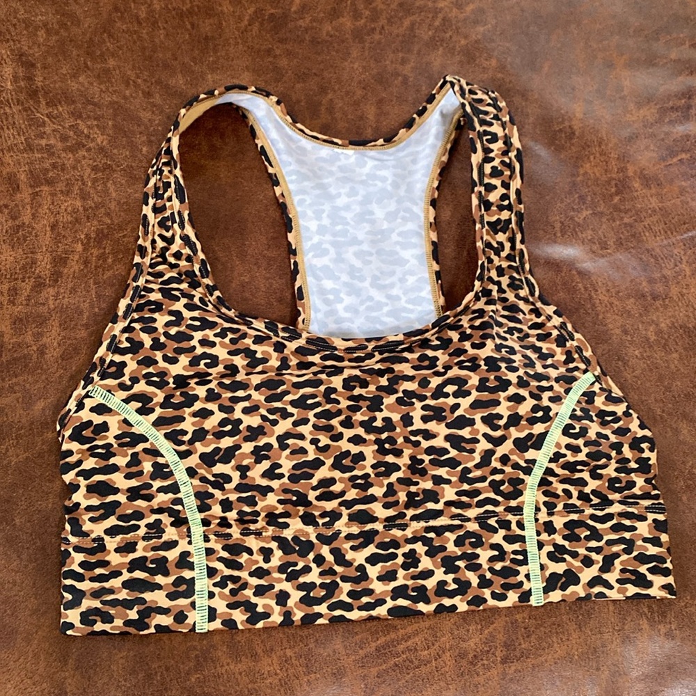 Fabletics brown/black safari print sports bra